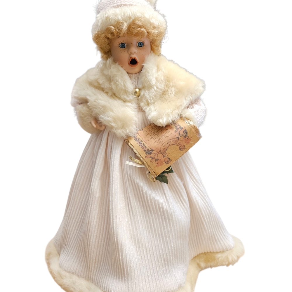 Vintage Victorian Christmas Tree Topper Doll 17” Porcelain Caroler